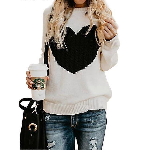 Women's Knit Lamb Wool Long Sleeve Crew Neck Sweater, Cute Heart Print Pullover
