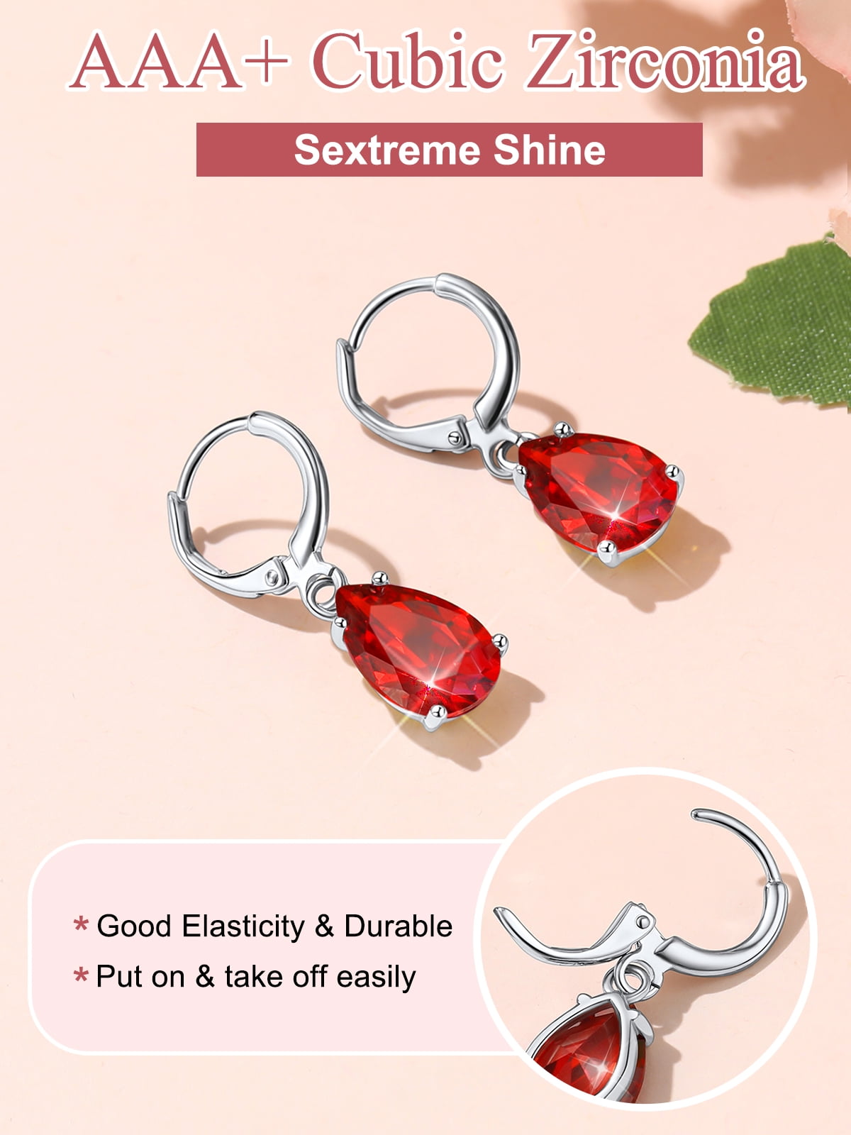 FOCALOOK Birthstone Dangle Hoop Earrings for Women Sterling Silver Teardrop Cubic Zirconia January Red Garnet Leverback Huggie Drop Earrings Birthday Valentines Day Jewelry Gift