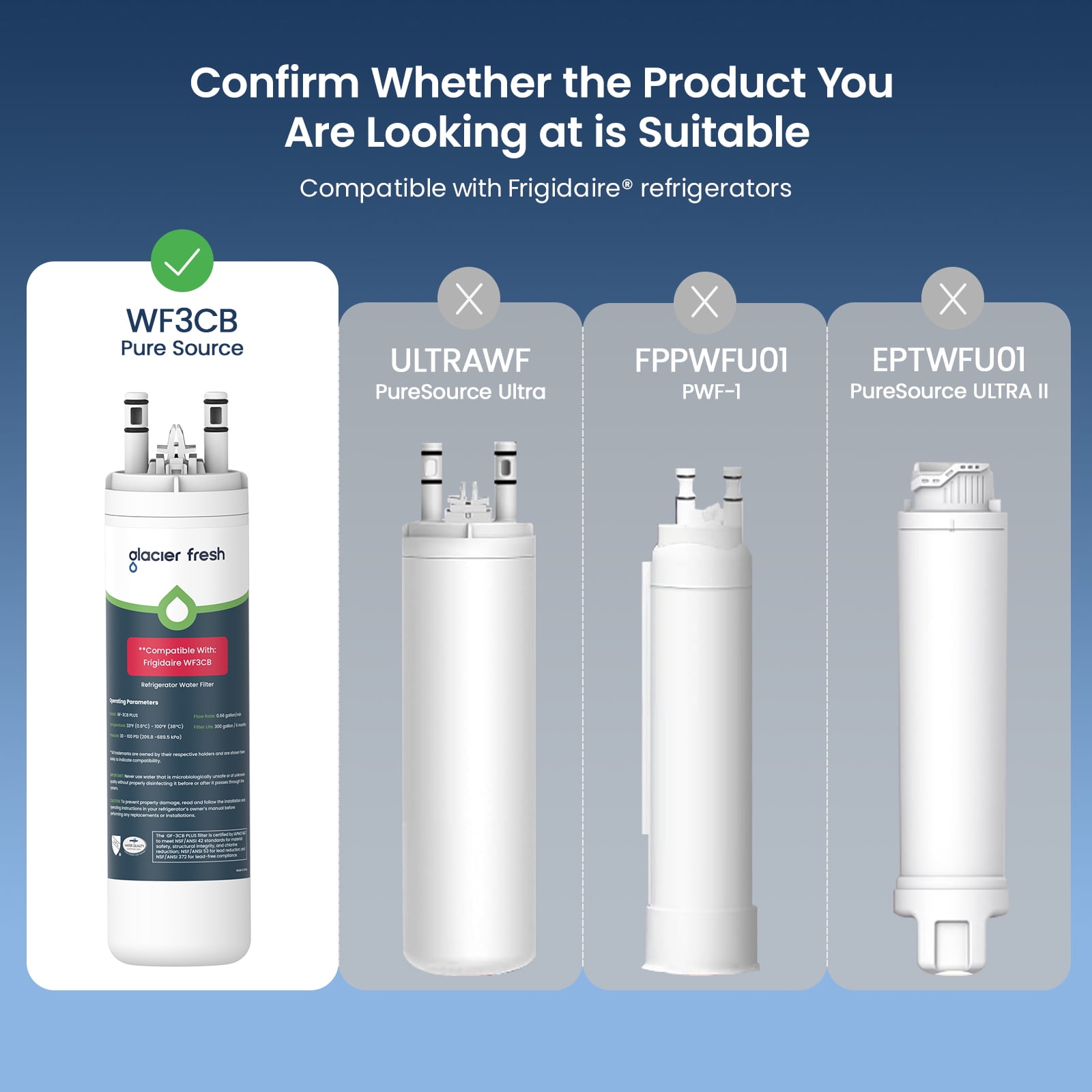 GLACIER FRESH WF3CB Refrigerator Water Filter, NSF/ANSI 53 & 372 Certified, Compatible with PureSource 3, WF425, 706465, PS3412266, AP4567491, 242017800, 1 Pack