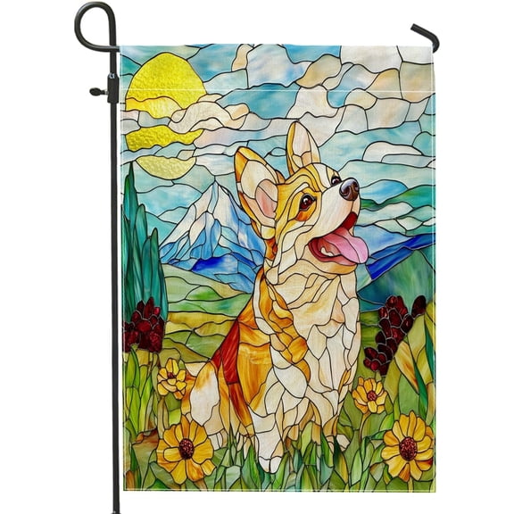 Spring Corgi Dog Garden Flag 12 x 18 Inch Double Sided Funny Puppy Stained Glass Vertical Canvas House Flag for Front Yard Backyard Lawn