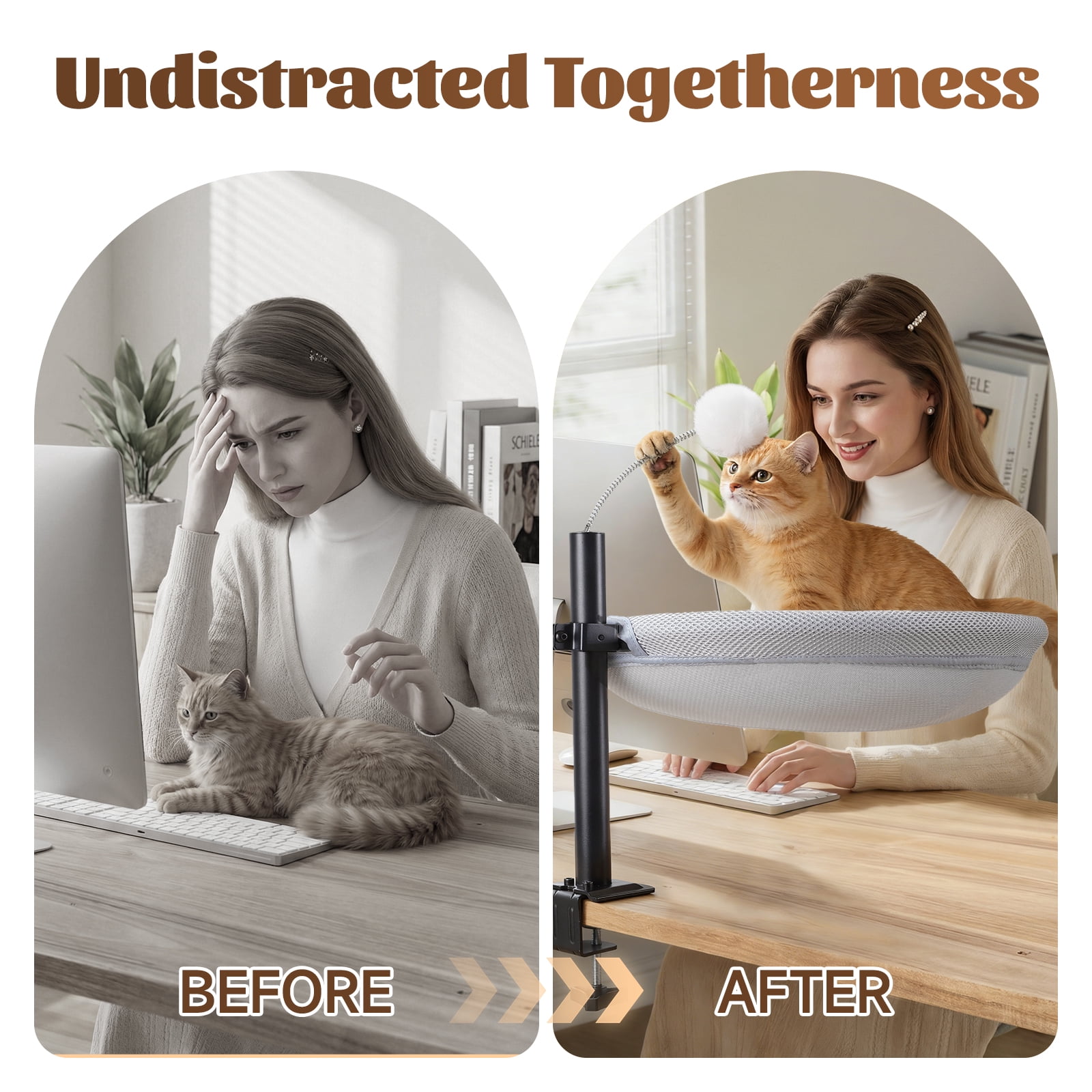 Cat Desk Bed with Interactive Hanging Ball, 360° Rotating & Height Adjustable Cat Hammock Perch, Cats Bed for Desk with Removable Washable Cover for Home Office Indoor Cats