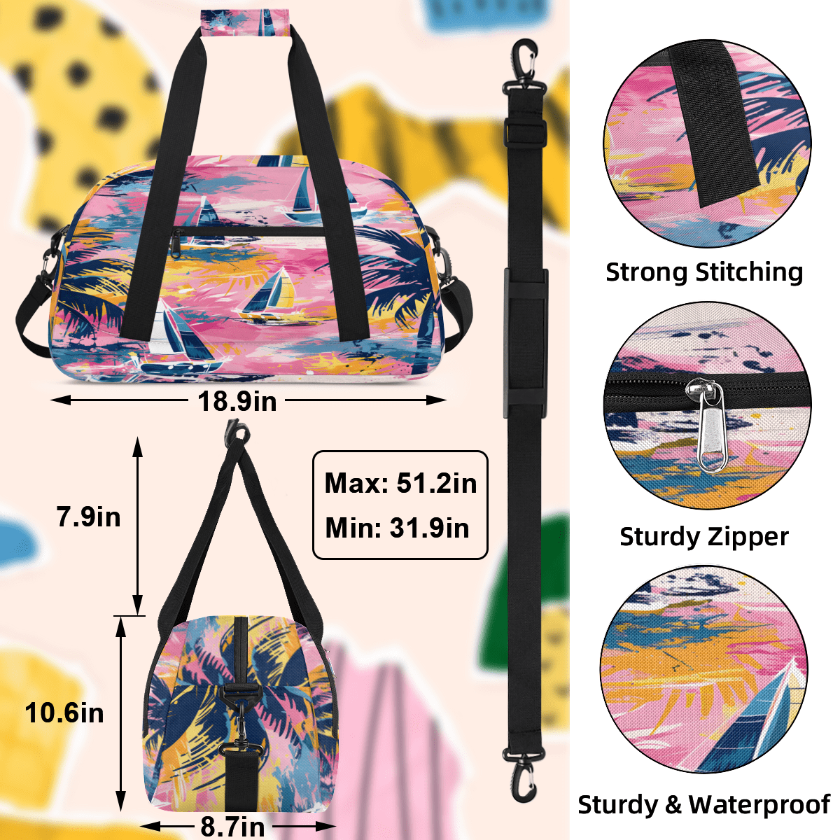 Herdesigns Nautical Sailboat Sports Duffle Bag for Women & Men, Ocean Beach Gym Bag Dance Bag Overnight Bag Carry On Weekender Travel Bag