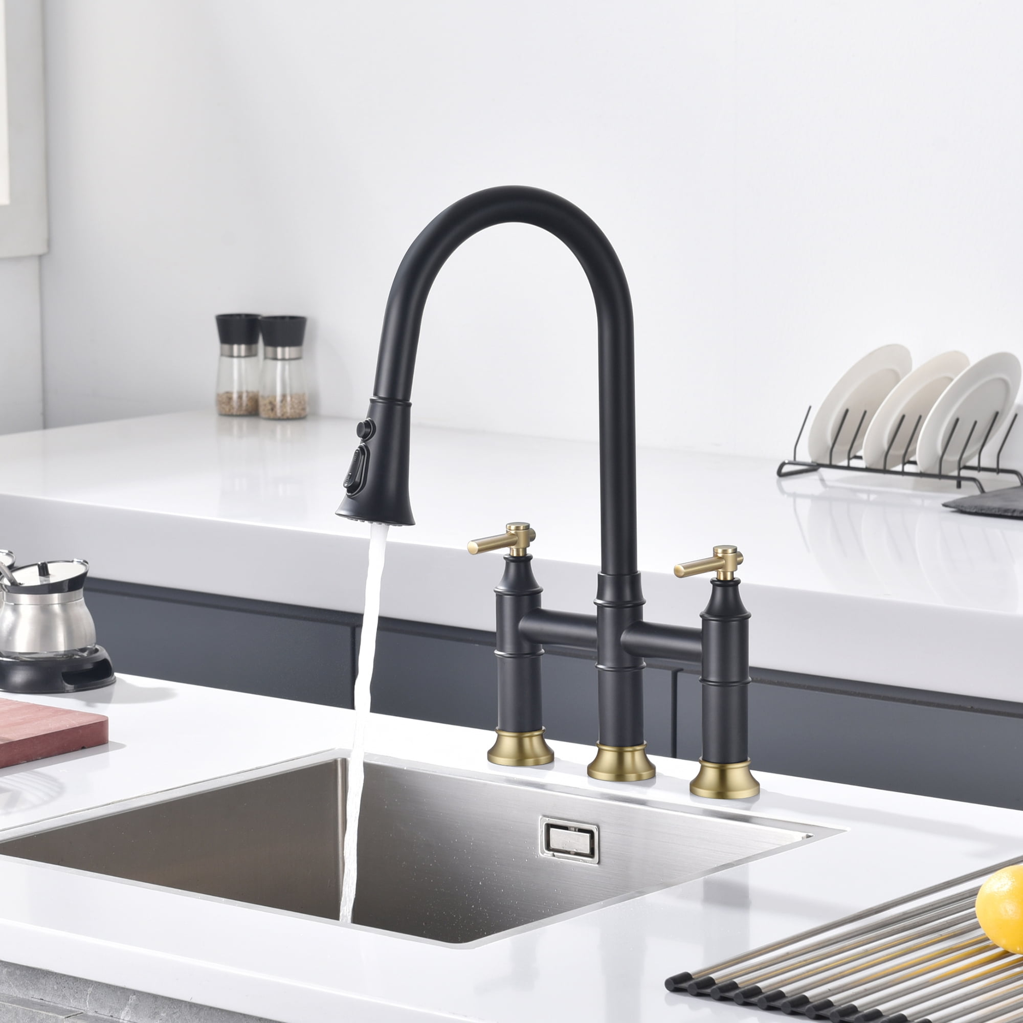 SUMERAIN Bridge Kitchen Faucet with Pull Down Sprayer 2 Handle 3 Hole Kitchen Sink Faucet 8 Inch Centerset Black&Gold