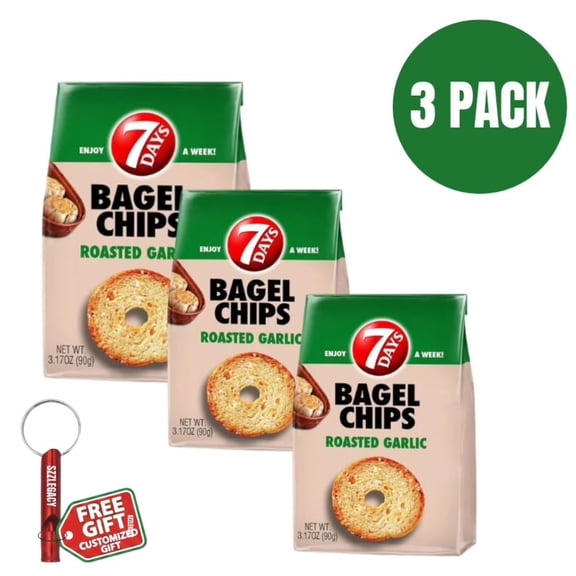 7Days Bagel Chips, Roasted Garlic Gourmet Crackers, 3.17 oz (Pack of 3) – Non-GMO, Twice-Baked Crispy Bread Chips