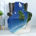thumbnail image 4 of Ocean Soft Flannel Fleece Throw Blanket, Coastline Seascape Lagoon with Palm Leaf and Clouds Freedom Holiday Idyllic, Cozy Plush for Indoor and Outdoor Use, 60" x 80", White Blue Green, by Ambesonne, 4 of 5