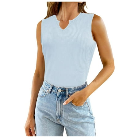 QYZEU Spring Womens Clothes V Neck Sleeveless Knit Ribbed Fitted Loose Crop Tank Top Solid Bodysuit Top Comfortable Breathable Soft Lightweight Tops Light Blue S