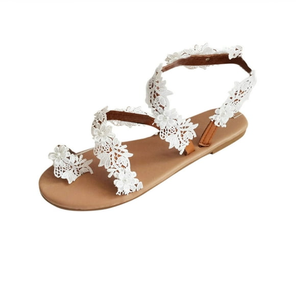 Lace Dressy Sandals for Women Bridal Wedding White Boho Beach Summer Flip Flops Flats Casual Dress Sandals