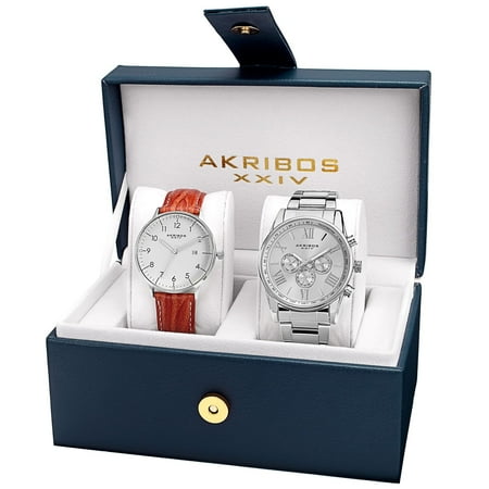 Akribos XXIV Men's Swiss Quartz Leather Strap and Stainless Steel Bracelet Watch Box Set of 2