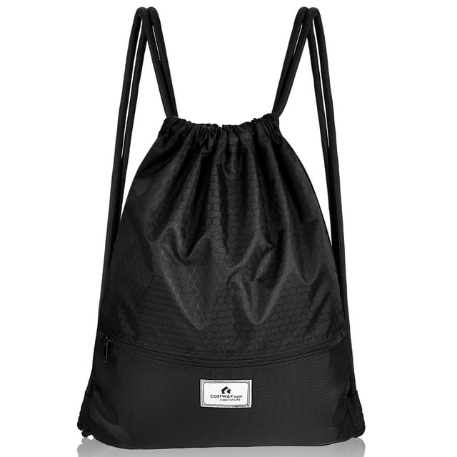 Costway Drawstring Backpack String Bag Folding Sports Sack w/Zipper Pocket Black