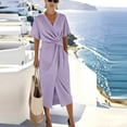 thumbnail image 4 of Women's V Neck Wrap Dress Twisted Slit Pleated Waist Tie Short Sleeve Summer Midi Dresses Purple, 4 of 6