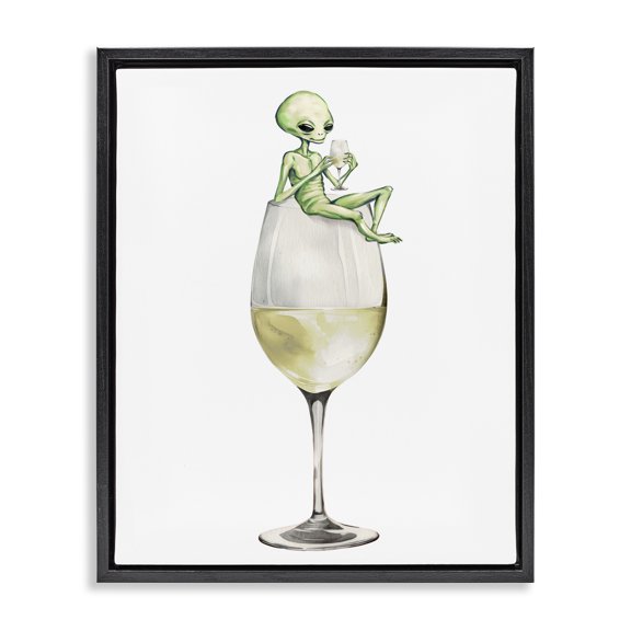 Stupell Industries Alien Perched on Champagne Glass Food & Beverage Painting Black Floater Framed Canvas Art Print Wall Art, 17 x 21