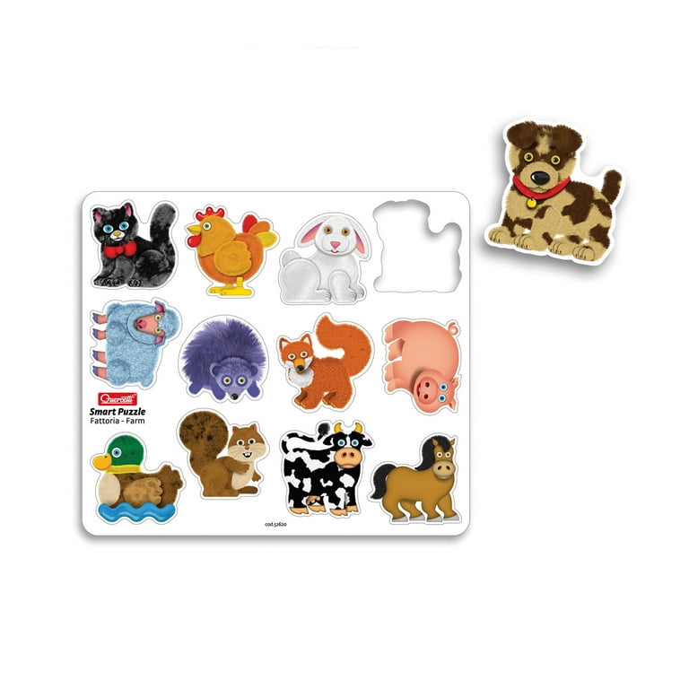 Quercetti Smart Puzzle Farm two-sided magnetic puzzle game. One side  features 12 fun and friendly animal magnets. The other side is a brightly  colored magnetic board that is great for open ended