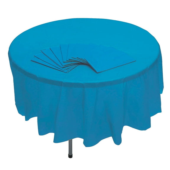 Fun Express 82" Bulk 12 Pieces Turquoise Banquet-Style Round Disposable Plastic Tablecloths
