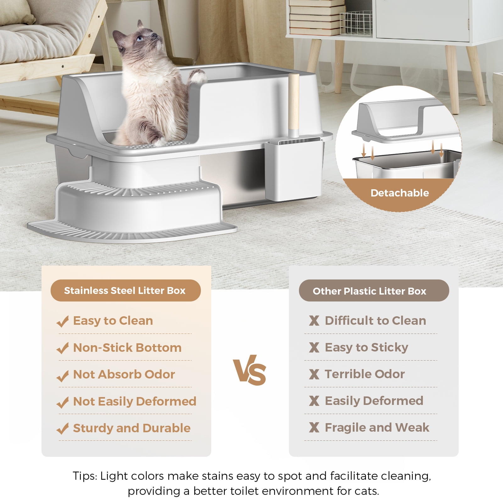Enclosed Stainless Steel Cat Litter Box Extra Large Litter Box for Big Cats, High Side Enclosure Metal Litter Pan Tray with Scoop, Anti-Leakage, Easy Cleaning