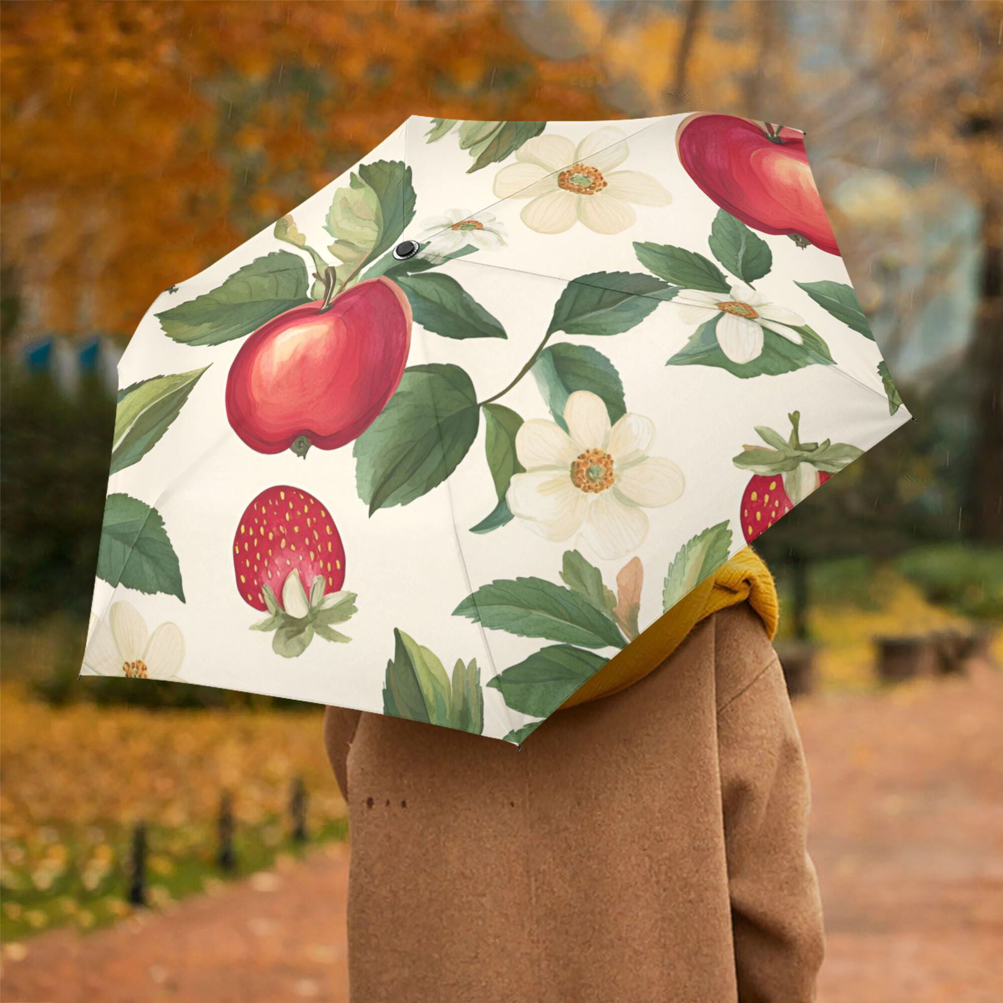 FORMRS Travel Umbrella Folding Auto Open Close Windproof Rain UV Protection, Apple Leaves Pattern