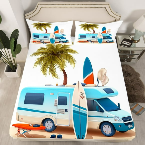 Coastal Beach Surf Queen Fitted Sheet,Surfboard Surfer Bedding Set for Kids Girls Boys,Hawaiian Palm Tree Surfing Bed Set RV Car Decor Ocean Sea Bottom Sheets 3Pcs(No Top Sheet)