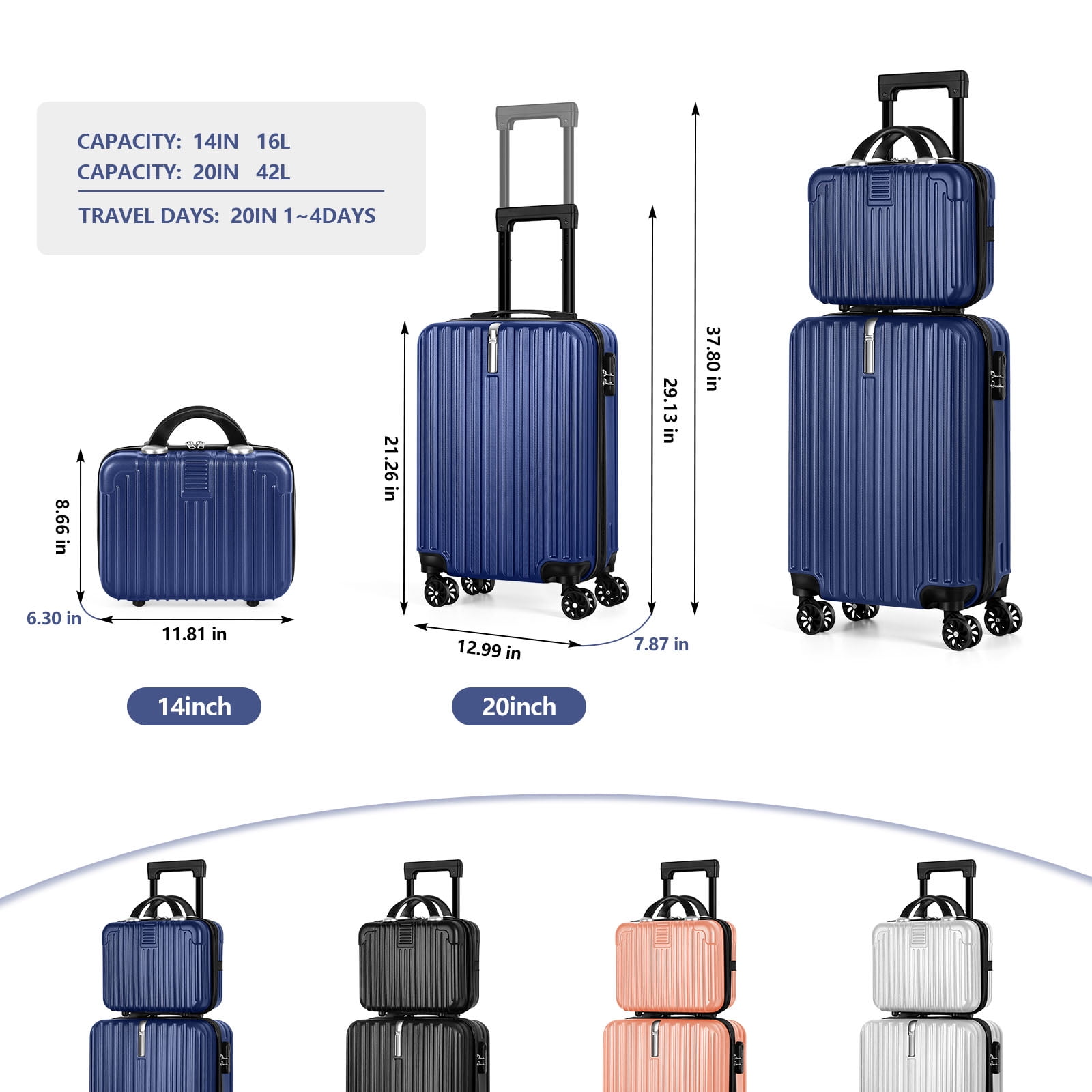 2-Piece Luggage Set  Carry On Suitcase with 14" Makeup Case