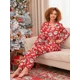 thumbnail image 3 of Conjunto de pijama navideño para mujer con estampado de copos de nieve, muñeco de nieve y Papá Noel, solapa con botones, blusa de manga larga, pantalones largos, ropa de estar por casa, 3 of 5