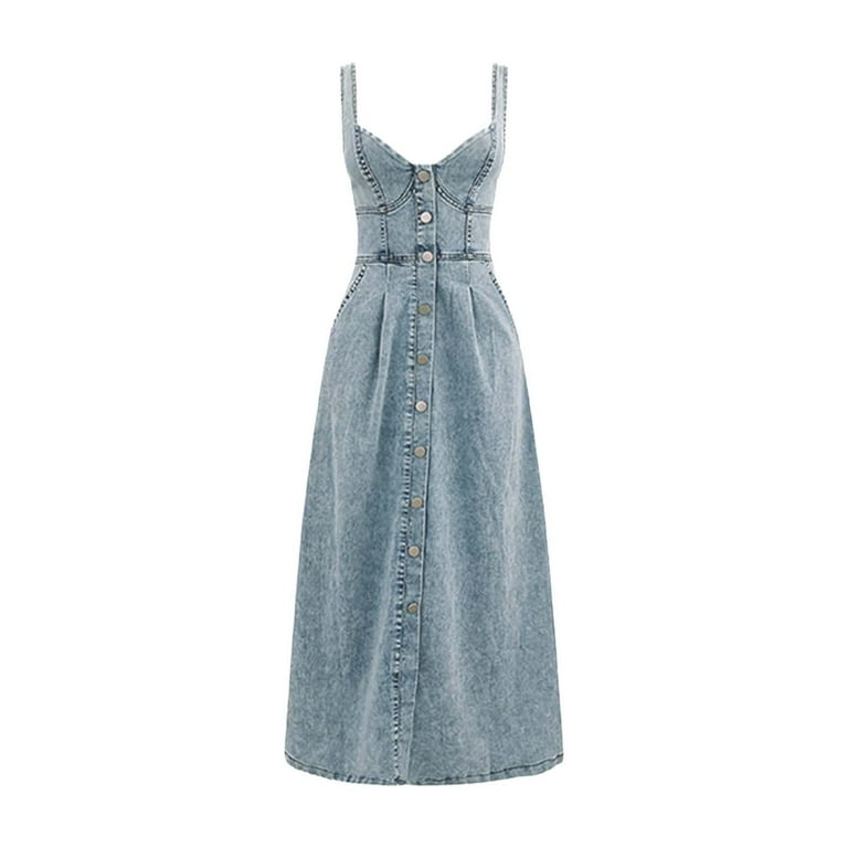 Vintage Denim Maxi Dress - Spaghetti Straps, Button Front, Casual Style -  Walmart.com