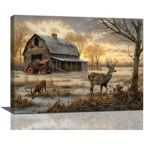 Deer Wall Art Farmhouse Deer Pictures Wall Decor Rustic Old Barn Canvas Country Landscape Painting Modern Artwork Home Decoration for Bathroom Bedroom Kitchen Living Room