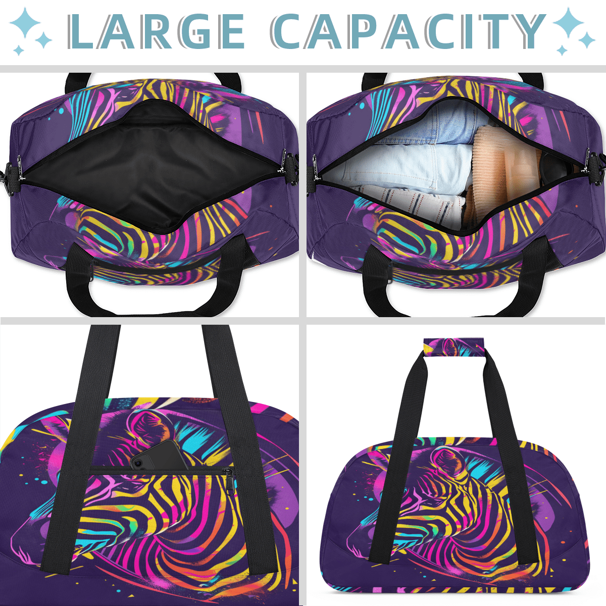 Herdesigns Zebra Sports Duffle Bag for Women & Men, Gym Bag Dance Bag Overnight Bag Carry On Weekender Travel Bag