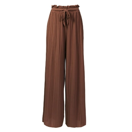 MixMatchy Women's Ribbon Tie Chiffon Loose Pleated Wide Leg Palazzo Pants Mocha ONE