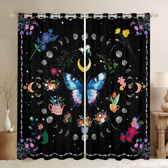 Castle Fairy Blue Pink Butterfly Black Out Curtains for Boys Girls,Bohemian Theme Curtains Pack of 2 (42x63 Each),Chic Floral Flowers Bedroom Curtains,Luxury Bedroom Decor