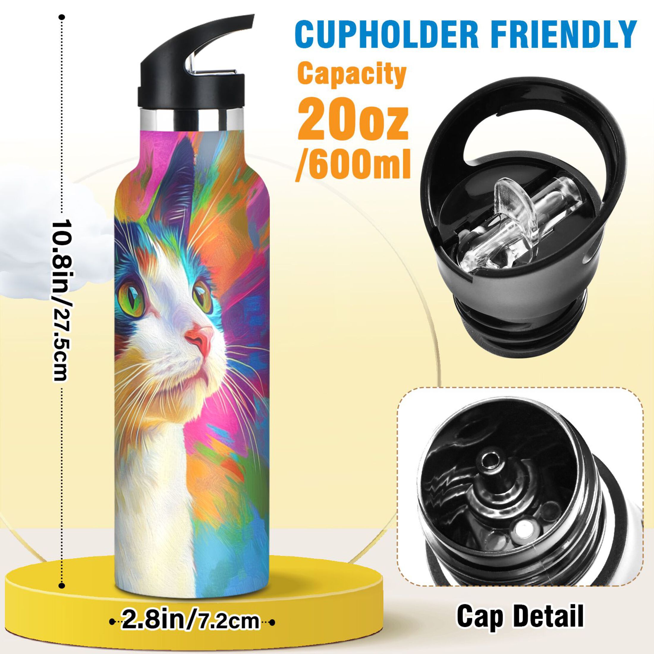 600ML Stainless Steel Insulated Cup Sports Water Bottle Portable Thermos Cup Water Glasses Insulated Tumblers Convenient and Durable Colorful Cat