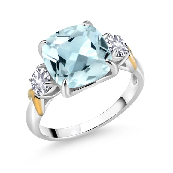 Gem Stone King 925 Silver and 10K Yellow Gold Sky Blue Simulated Aquamarine and Created Sapphire 3 Stone Ring for Women (4.30 Cttw, Gemstone Birthstone, Cushion 10MM, Round 4MM, Size 5)