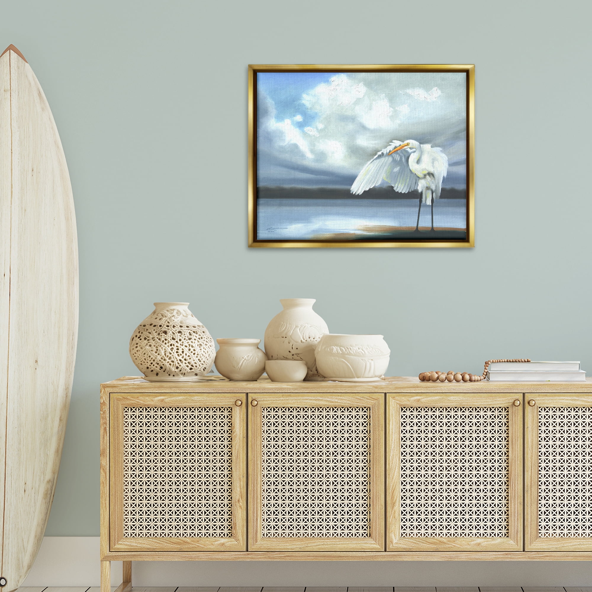 Stupell Industries Egret on Cloudy Beach Shore Animals & Insects Painting Gold Floater Framed Canvas Art Print Wall Art, 31 x 25