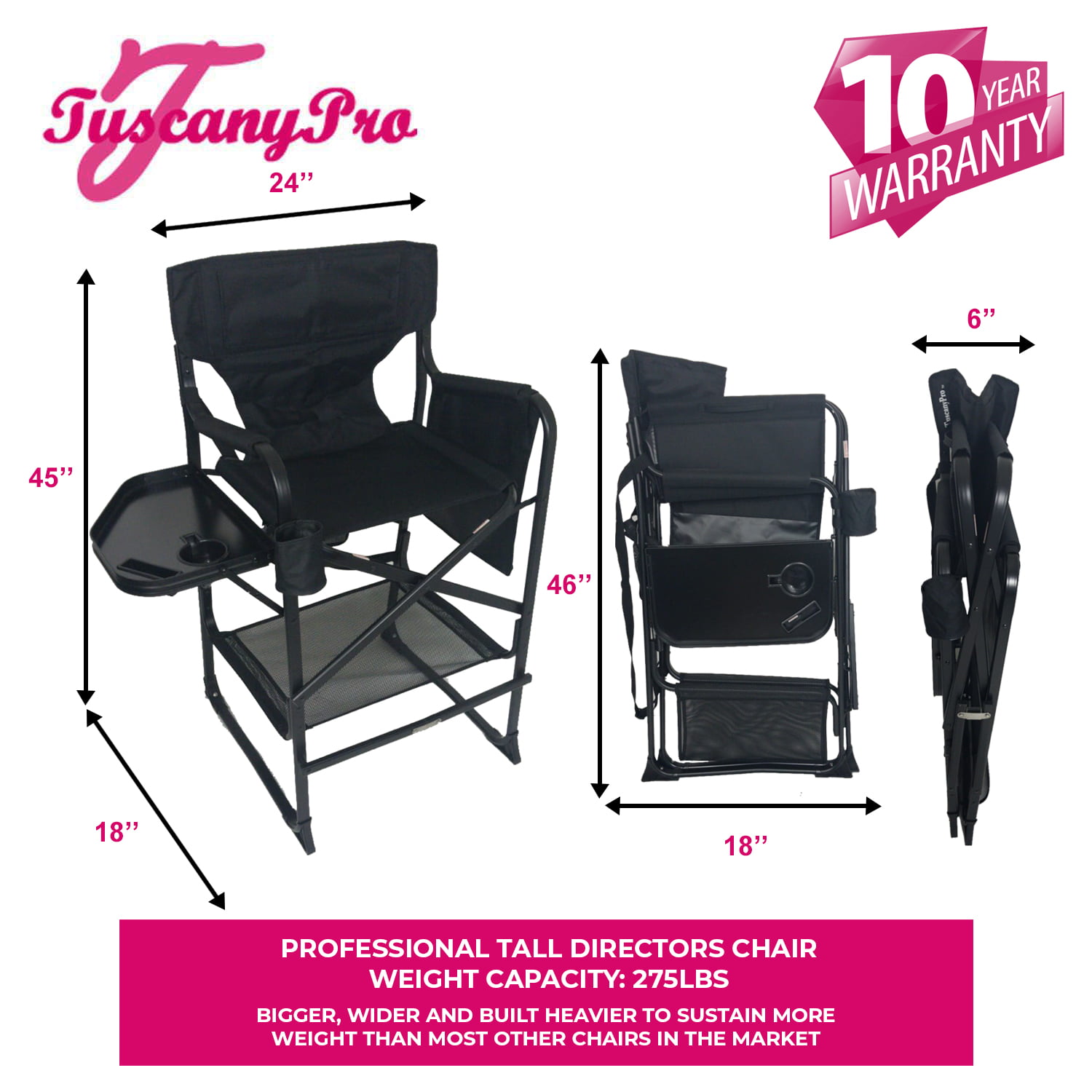 Tuscany Pro Personalized Imprinted Professional Tall Directors Chair with Side Tray