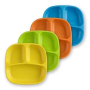 Angle View: Re-Play Made in USA 4pk Divided Plates with Deep Sides for Easy Baby, Toddler, Child Feeding - Sky Blue, Orange, Yellow, Lime (Spring+)