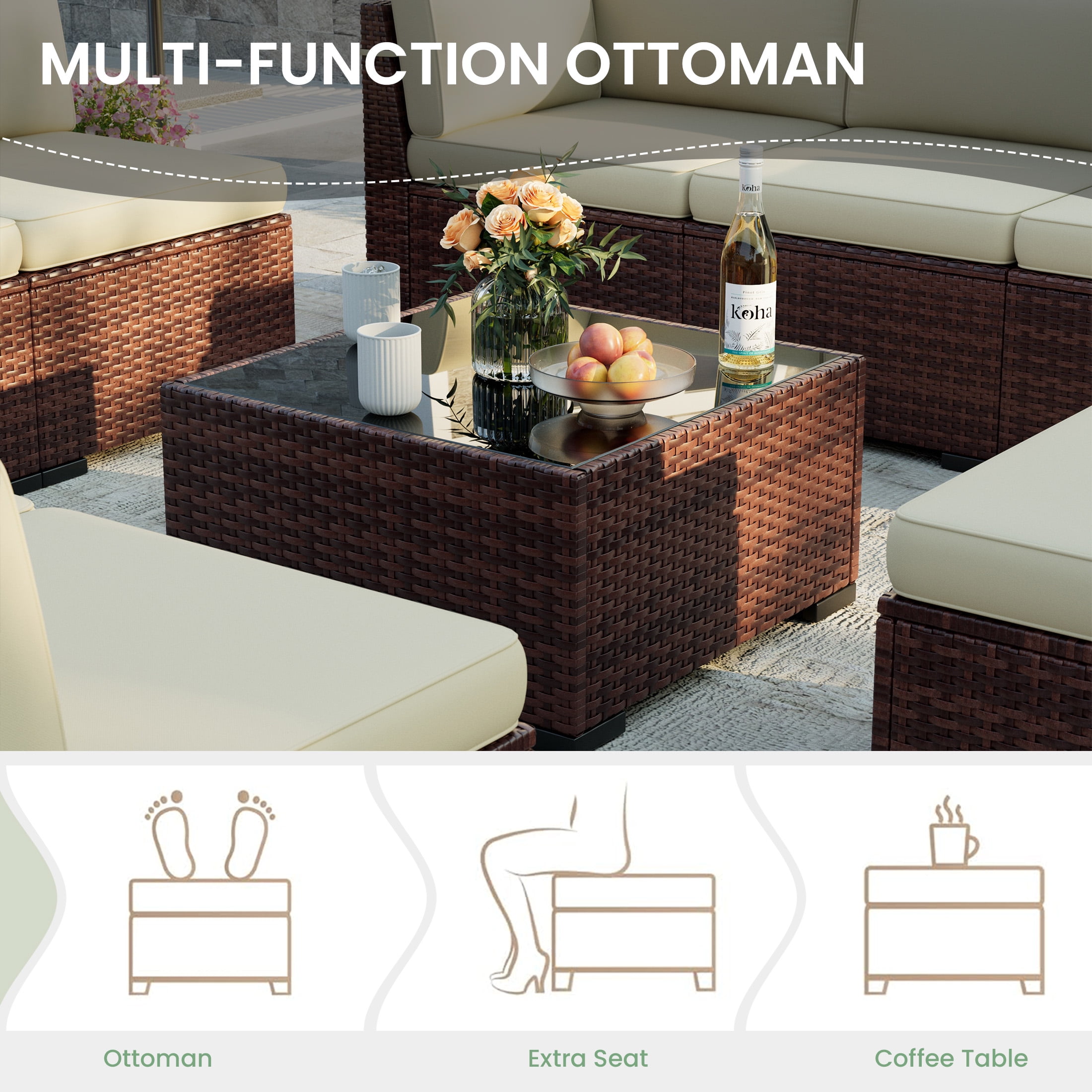 POTEBAN Patio Furniture Set, 7-Piece Outdoor Sectional All-Weather Wicker Patio Conversation Set for Backyard (Beige Cushions with Brown Rattan)