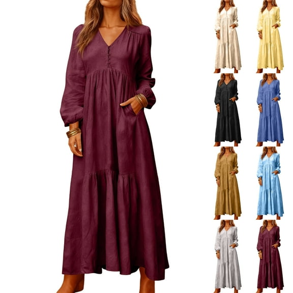 Women's Maxi Dress Long Sleeve V-Neck Loose Fit Button Down Cotton Linen Retro Swing Dress for Spring Fall Casual Daily Wear,Brown,2XL