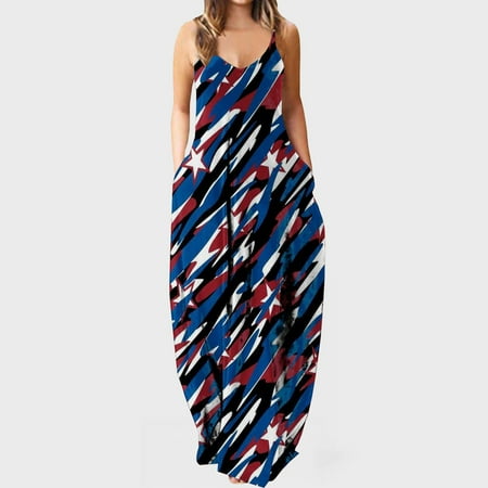 

Hvyesh Summer Dresses Women 2023 Plus Size Beach Maxi Dress American Flag Print V Neck Sundresses Spaghetti Strap Sleeveless Comfortable Dresses Black
