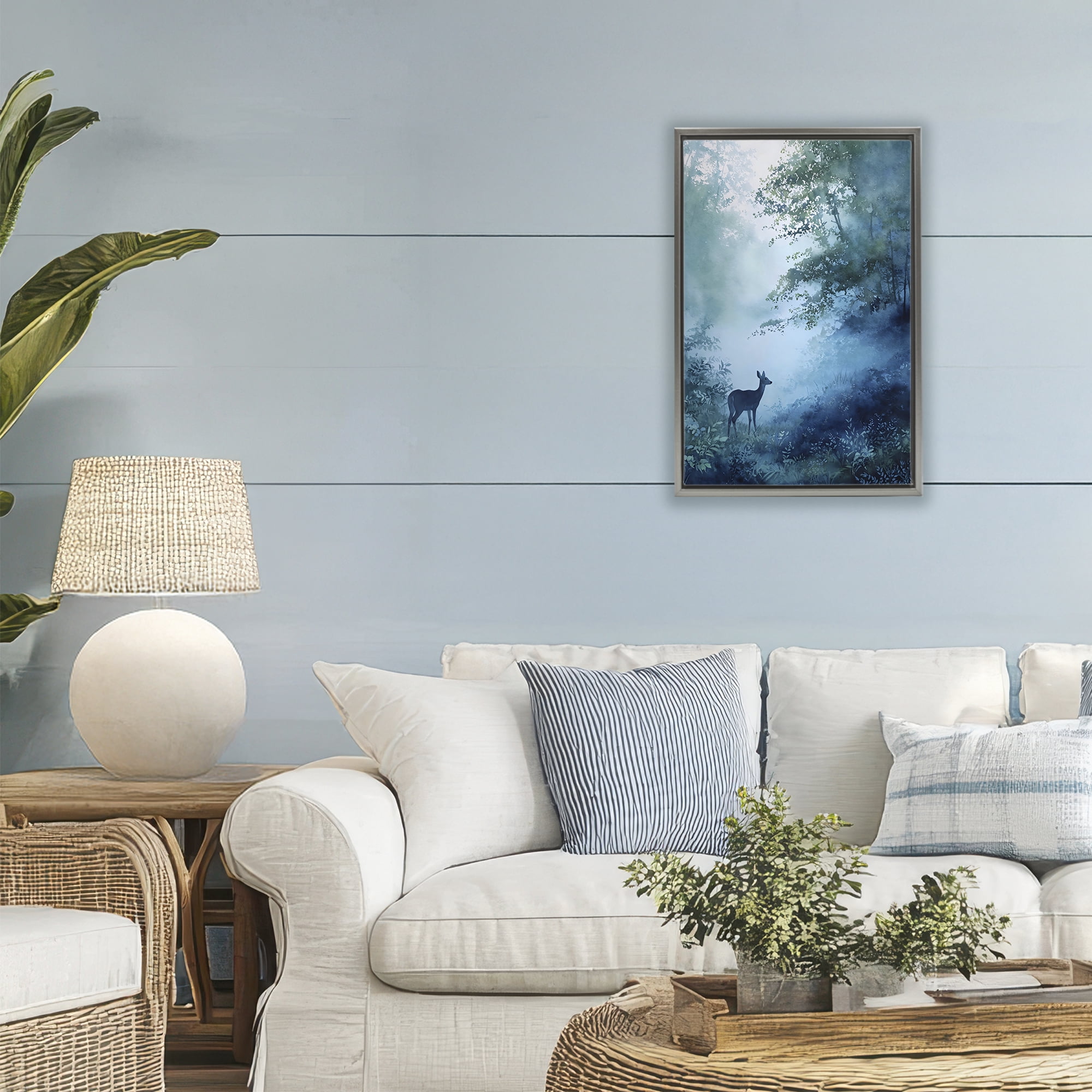 Stupell Industries Blue Dawn Deer in Mist Gray Framed Floater Canvas Wall Art, design by Franklyn Gregory