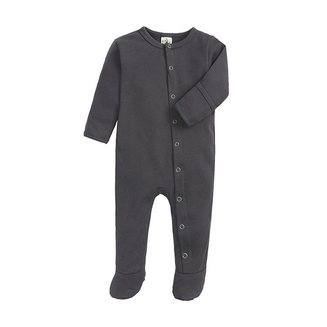 HOZADOIE Baby Bodysuit Pure Cotton Fashion Simple Button Opening Design Solid Color Round Neck Long Sleeve All Season Style Footed Romper 0-12Months Unisex