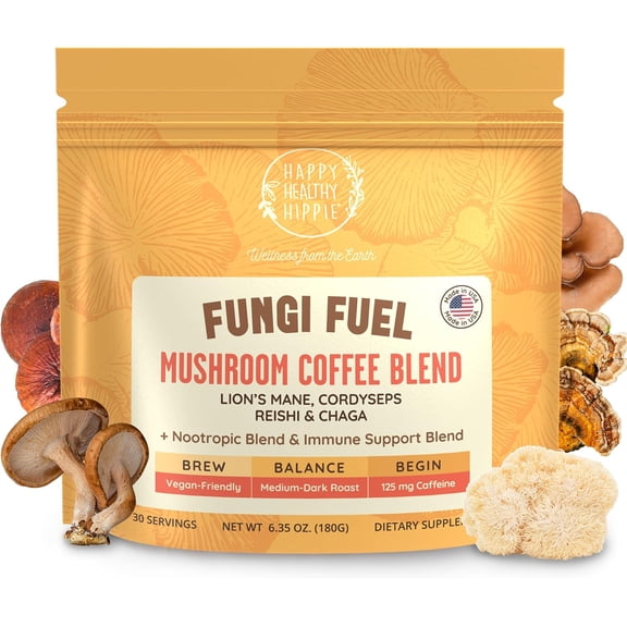 Happy Healthy Hippie Mushroom Coffee Instant with 125mg Caffeine – Lion’s Mane, Cordyceps, Reishi & Chaga | Adaptogen Nootropic Instant Mushroom Coffee for Energy & Focus | Medium Roast – 30 Servings