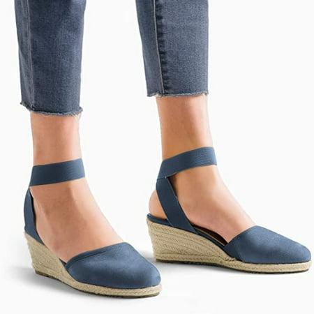 

Zpanxa Womens Sandals Women s Suede Casual Elastic Band Platform Straw Woven Wedge Single Sandals Shoes Wedge Sandals for Women Blue 37