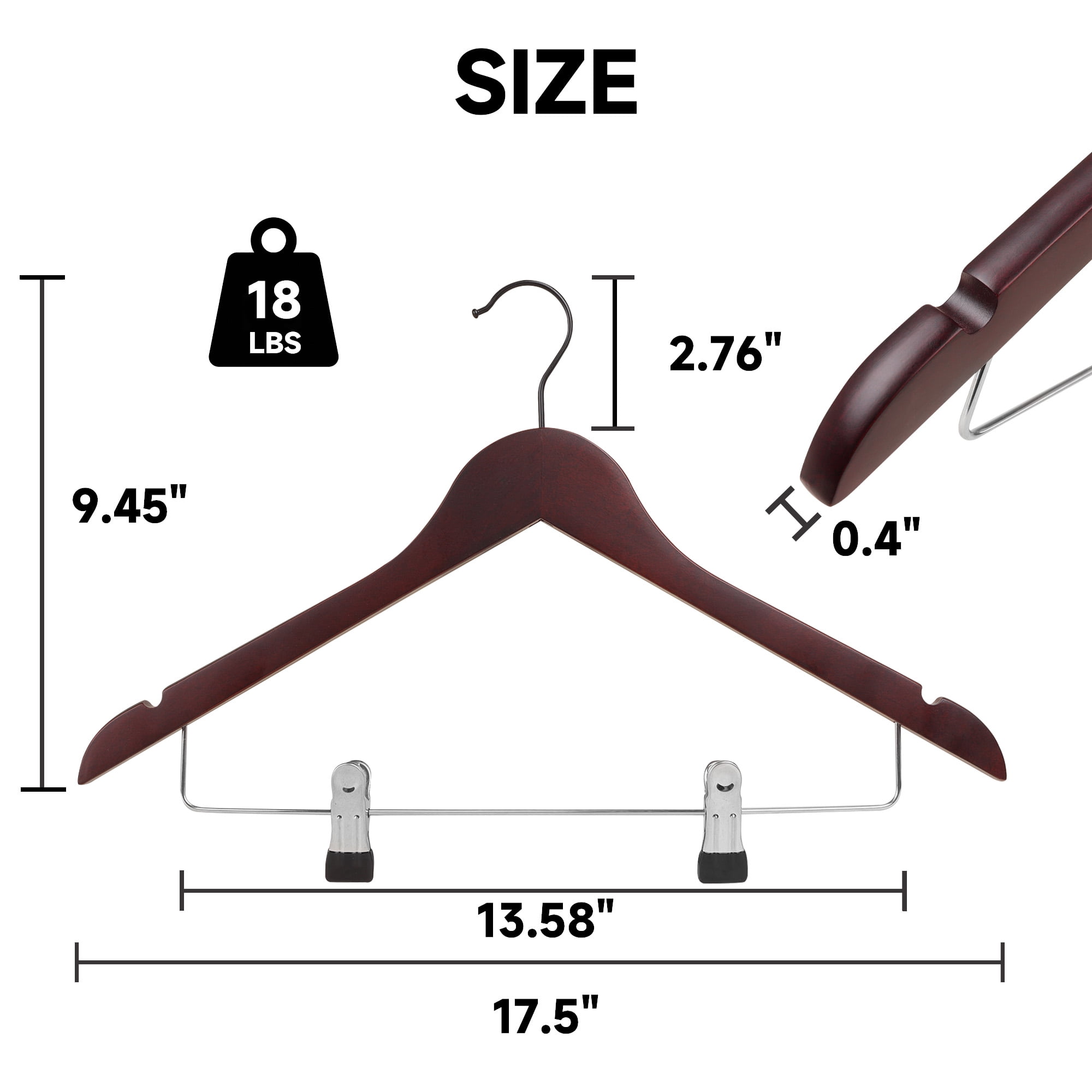 BP4U 12-Pack Wooden Hangers with Adjustable Metal Clips, Solid Wood Suit Hangers for Skirt, Dress, Coats, Jacket and Pants