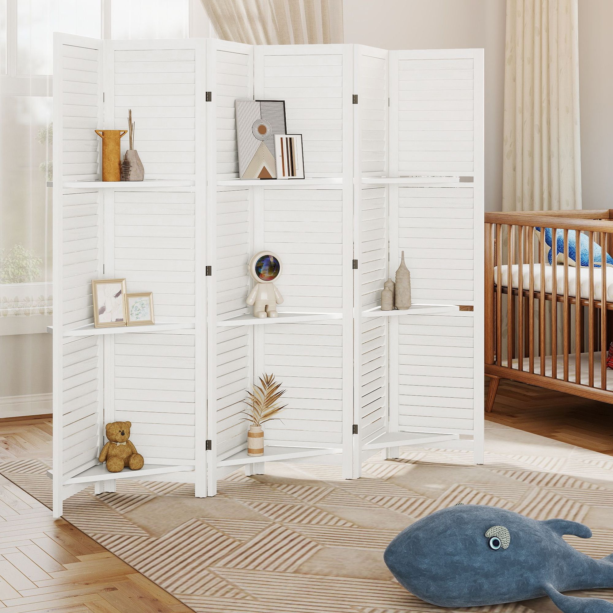 Alvantor 6 Panel Room Divider 67" Wood Privacy Screen with Storage Shelves for Porch Living Room Dorm White