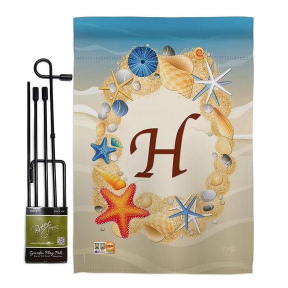 Breeze Decor BD-BN-GS-130164-IP-BO-D-US14-BD 13 x 18.5 in. Summer H Initial Coastal Beach Impressions Decorative Vertical Double Sided Garden Flag Set with Banner Pole