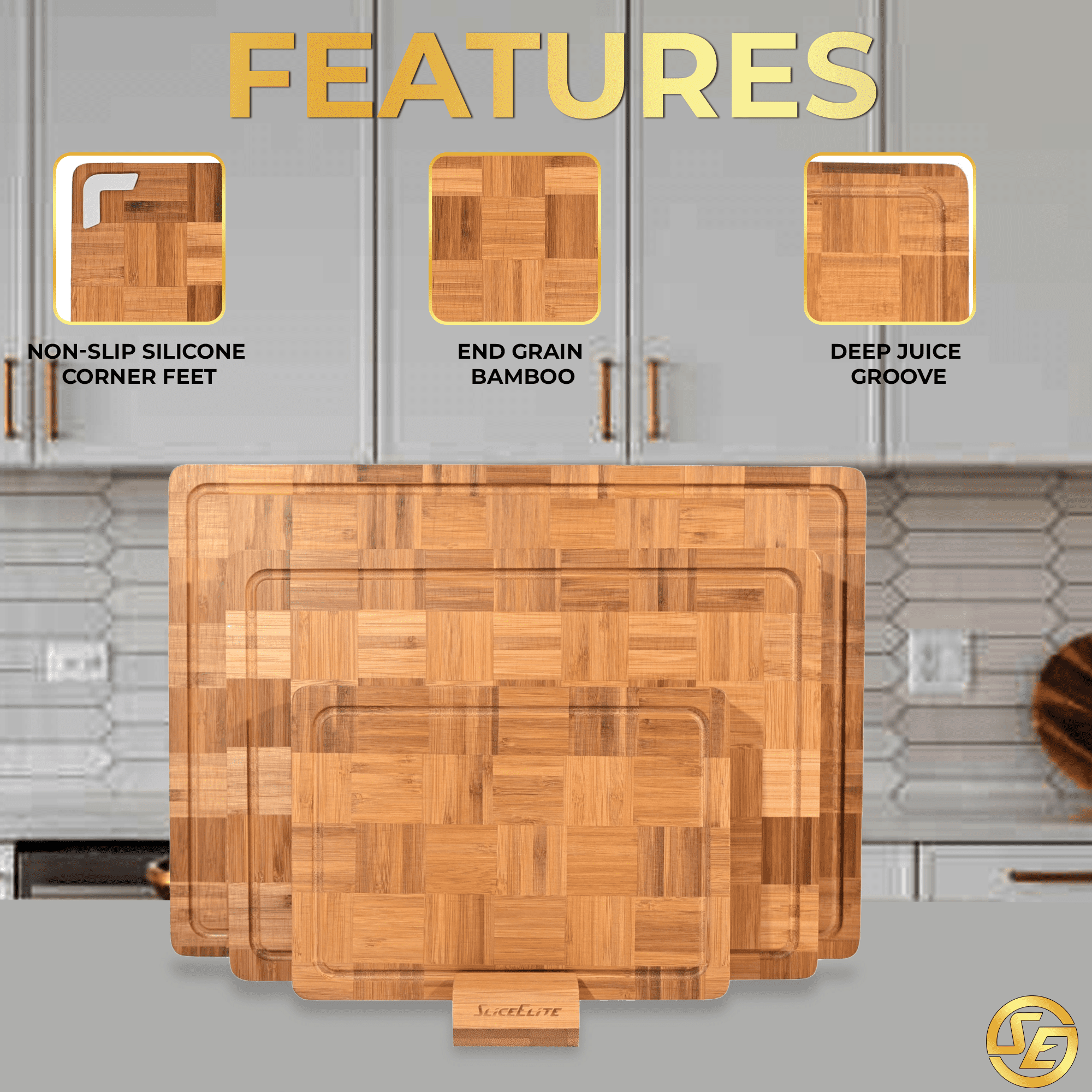 SliceElite 3-Piece Extra Large End Grain Bamboo Cutting Board Set with Holder