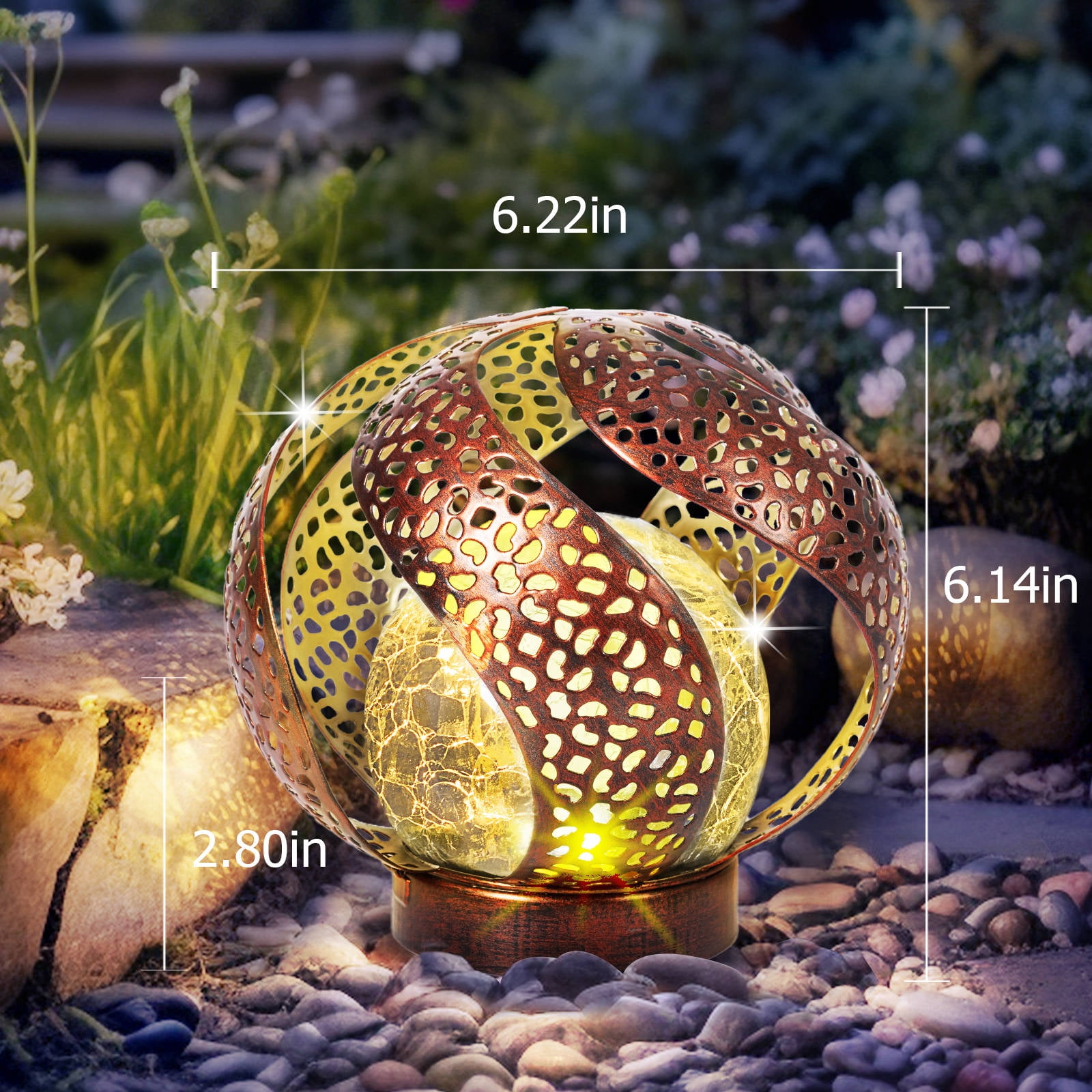 Waitmin Solar Lights Outdoor Garden Decor, Copper Metal Decorative with Crackle Glass Globe, Waterproof LED Lights