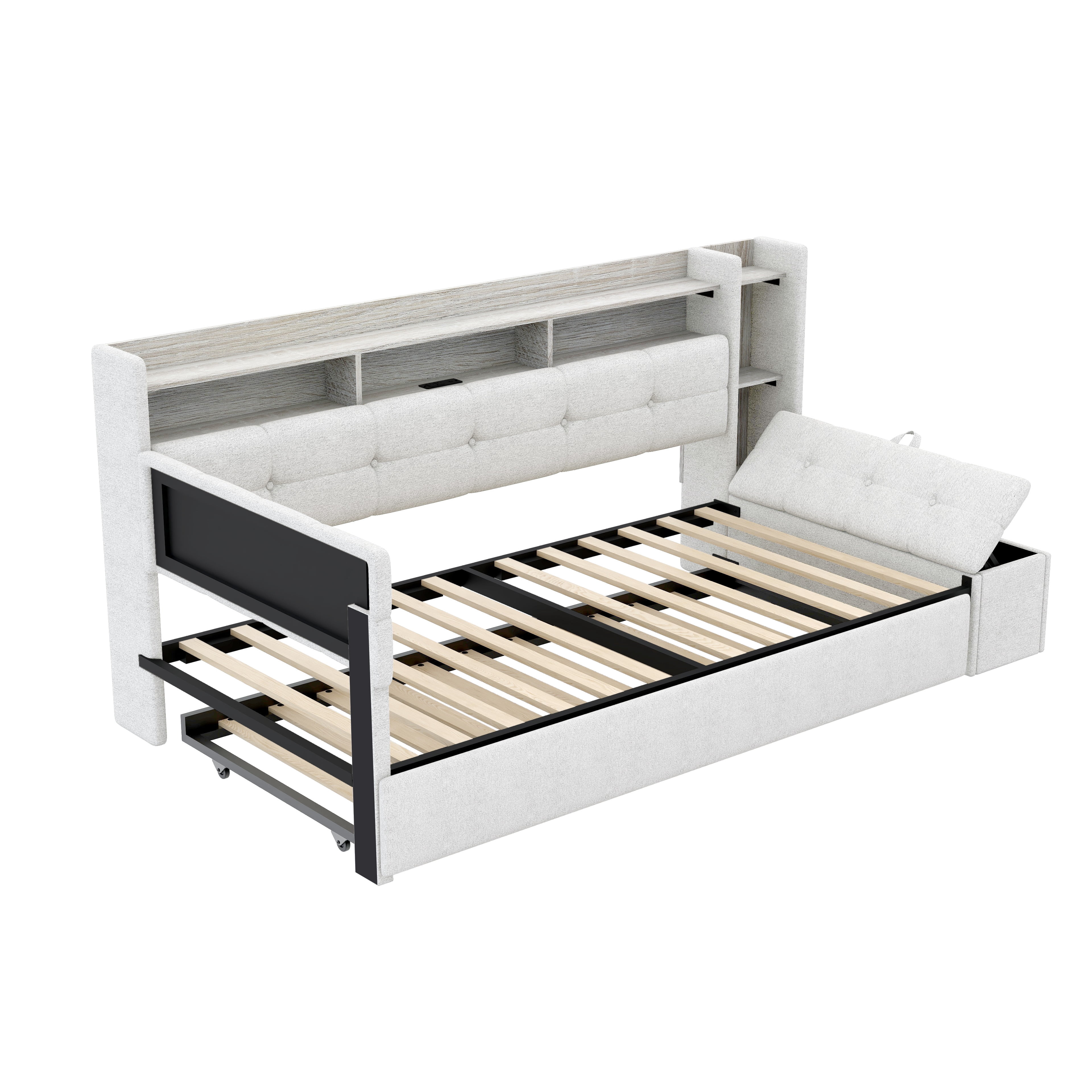 Euroco Upholstery Twin Size Daybed with Trundle, Storage Sofa Bed with Footstool and Shelves, LED Light and USB Charging, Beige