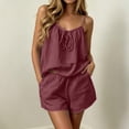 thumbnail image 2 of Levmjia Dressy Two Piece Sets For Women Solid Color Imitation Cotton And Linen Suspender Summer Sleeveless Top and Shorts Set Casual Outfit For Daily Wear Home, 2 of 7