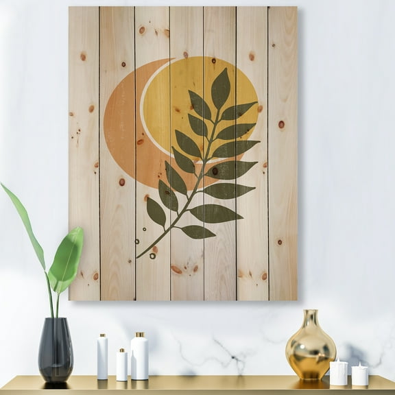 Designart 'Abstract Geometrical Moon and Sun With Leaf V' Modern Print on Natural Pine Wood