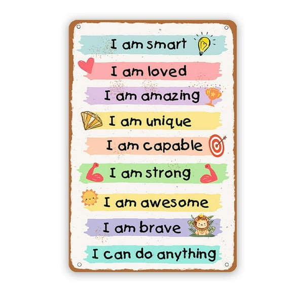 Size: 12x8 Inches Affirmation I Am Kind I Am Smart Metal Sign Inspirational Quotes Tin Sign Decor for Home Kids Room Classroom Playroom Wall Decor Pre-Drilled Holes for Easy Installation