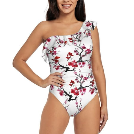 Qokaie Cherry Blossoms Print Women s One Piece Swimsuits Tummy Control Bathing Suits Asymmetric One Shoulder Swimwear-X-Large