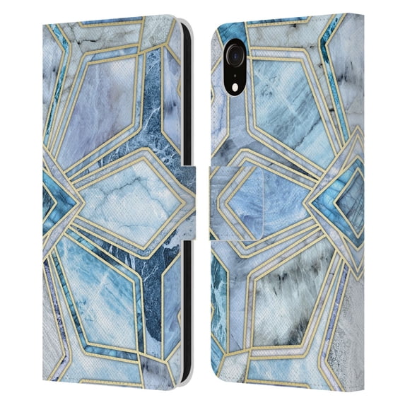 Head Case Designs Officially Licensed Micklyn Le Feuvre Marble Patterns Geometric Gilded Stone Tiles In Soft Blues Leather Book Case Compatible with Apple iPhone XR